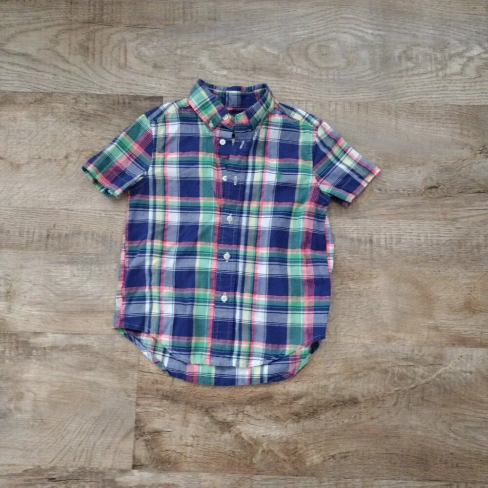 Ralph‎ Lauren boy's madras plaid button front short sleeve shirt Sz 4